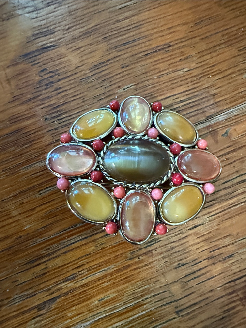 Gold-Tone Pink & Amber Oval Cabochon Cluster Brooch